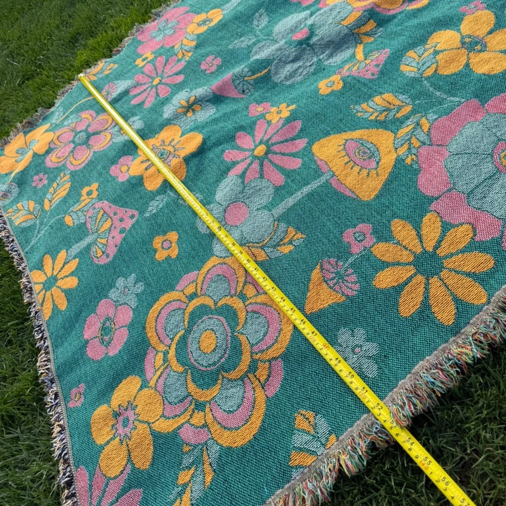 Psychedelic Mushroom Floral Woven Throw Blanket Teal Pink Reversible Boho 50x60